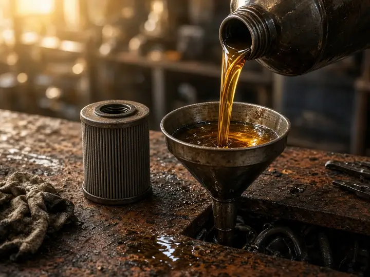 Cambio de aceite con embudo y filtro